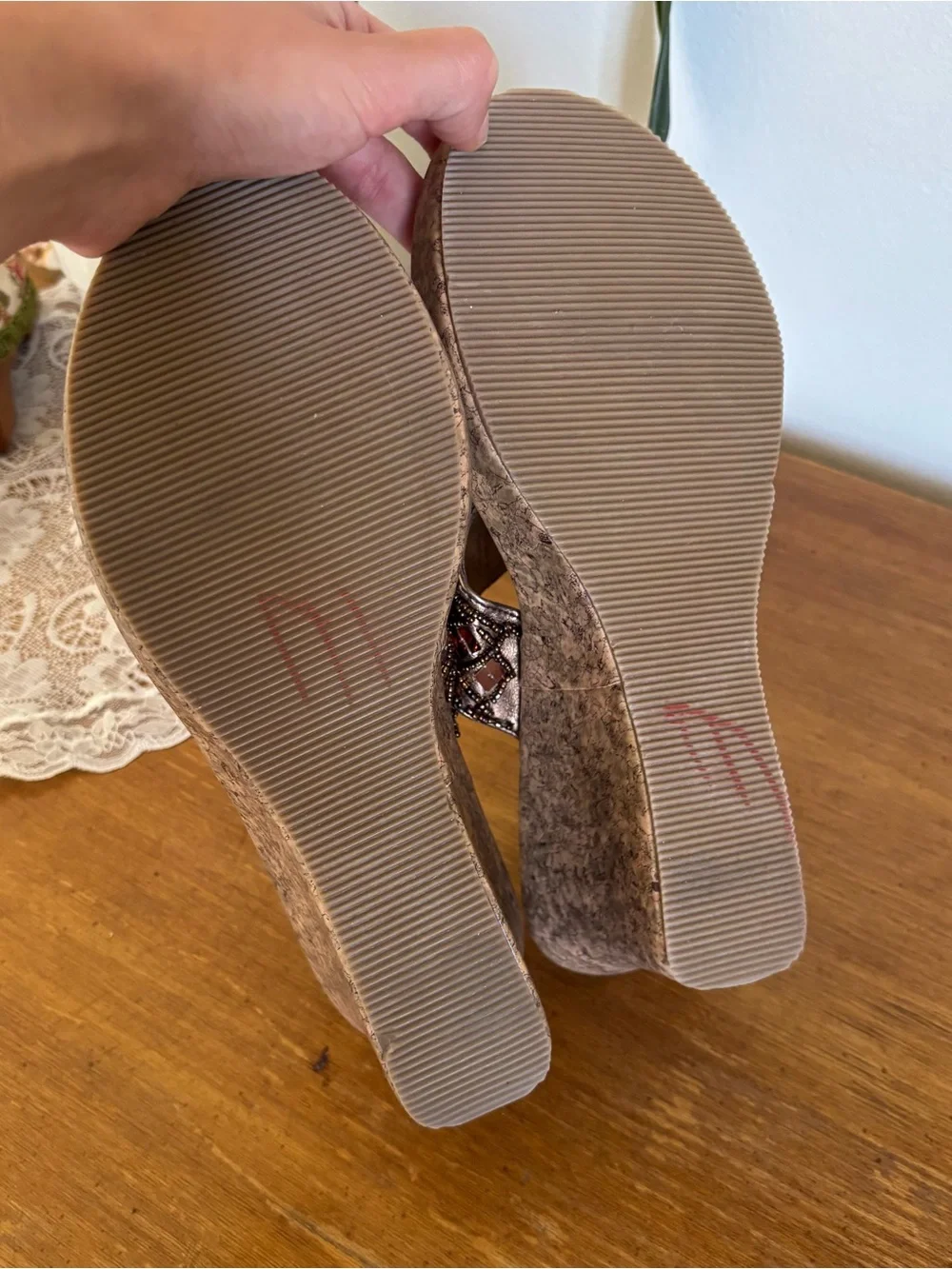 Copper and Bronze Beaded Wedge Thong Sandals